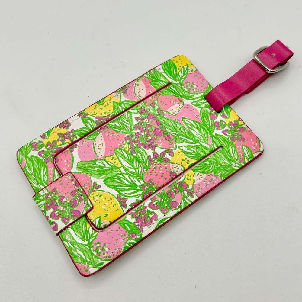Lilly Pulitzer  Luggage Tag Spice the Juice Pattern Yellow Pink Green 4.25" x 3"